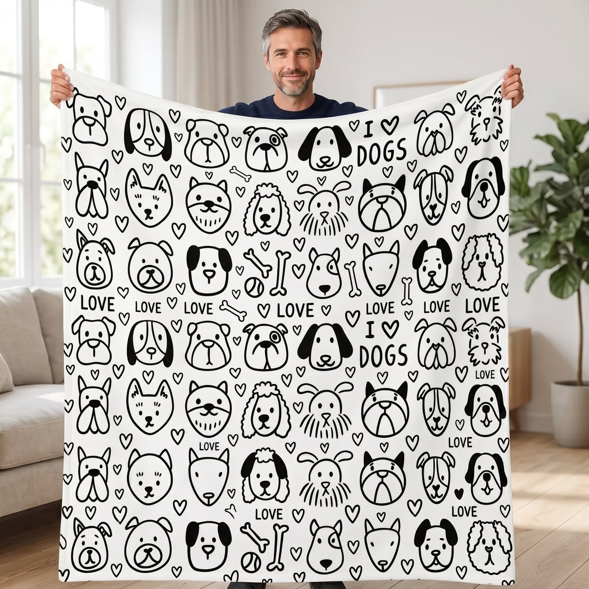 DIY coloring blanket, Multiple Dog Heads design, held up in a living room