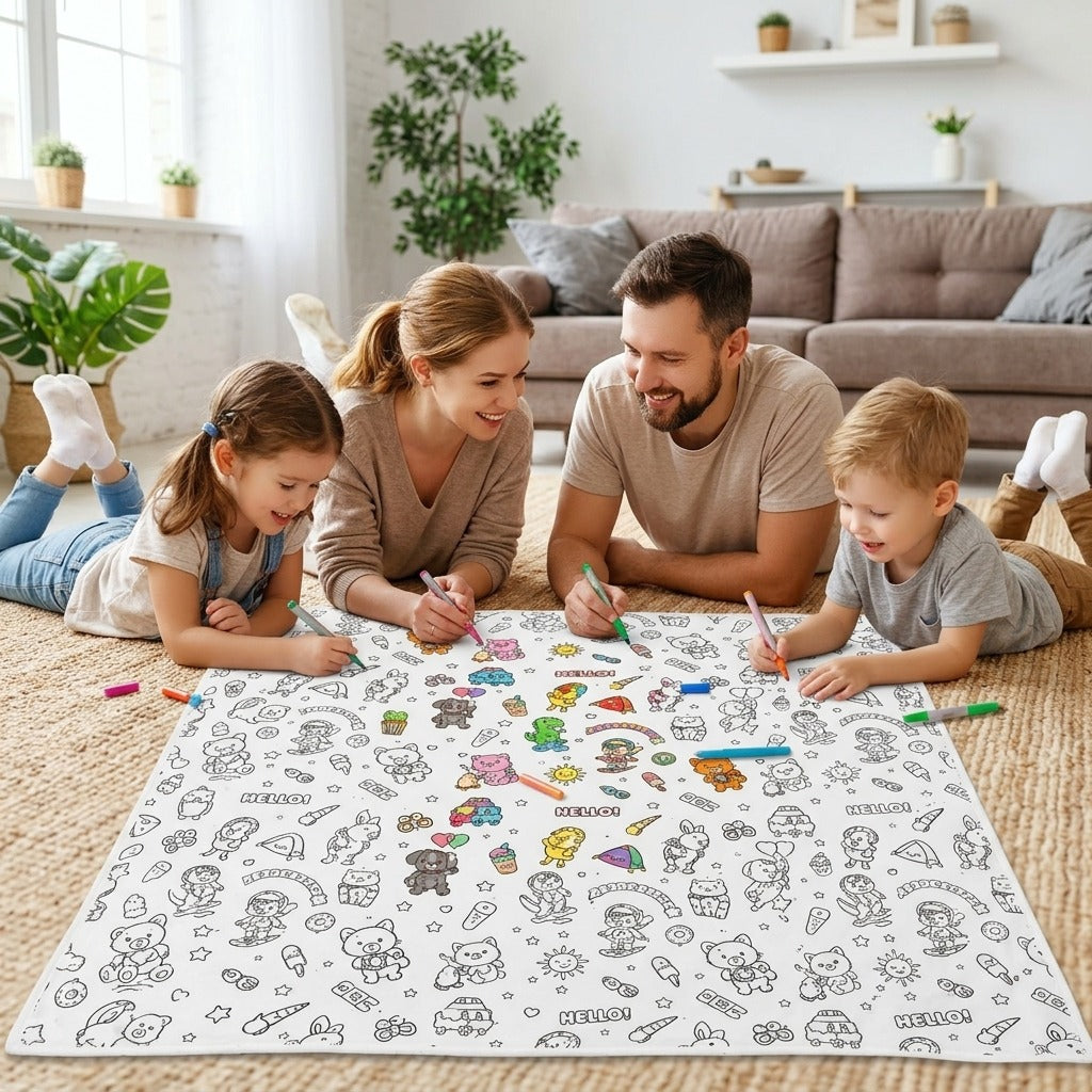 Family of four lying on the floor coloring a DIY coloring blanket together with paint markers