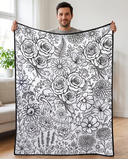DIY coloring blanket, Flowers design, held up in a living room