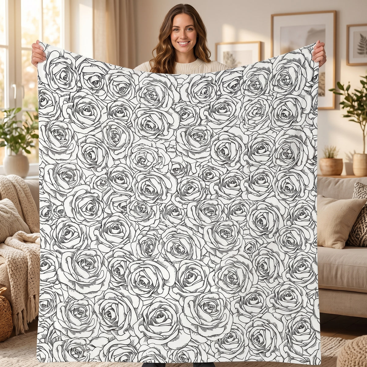 DIY coloring blanket, Multiple Roses design, held up in a living room
