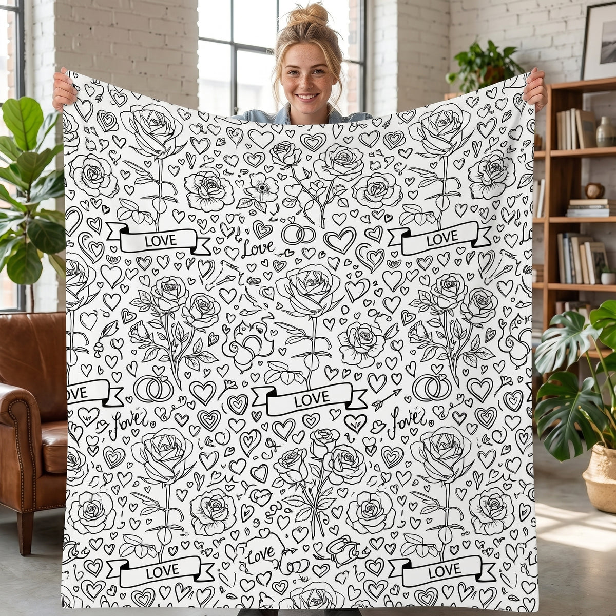 DIY coloring blanket, Rose & Love design, held up in a living room