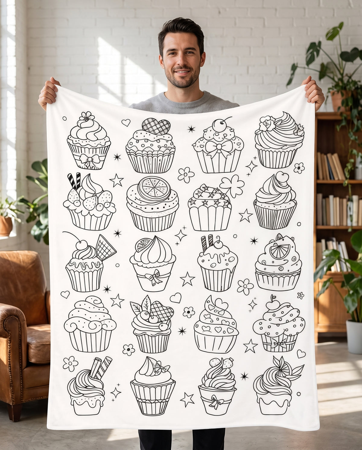 DIY coloring blanket, Cupcakes design, held up in a living room