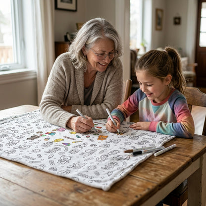 Grandmother and granddaughter coloring a DIY coloring blanket at the dining table