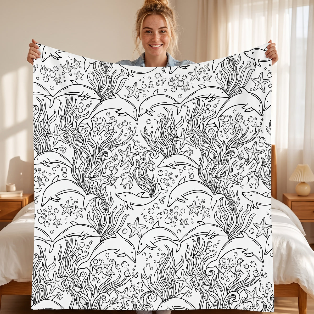 DIY coloring blanket, Dolphin design, held up in a living room