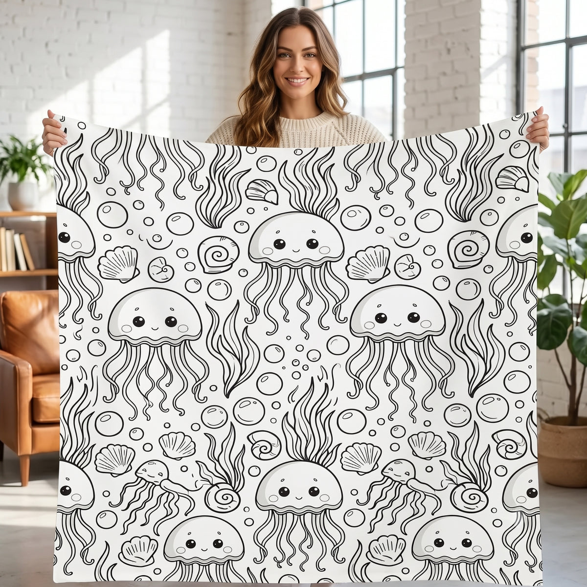 DIY coloring blanket, Jellyfish design, held up in a living room