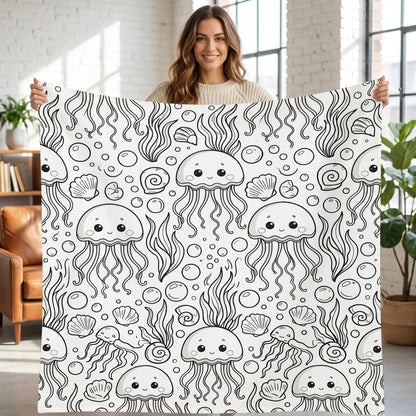 DIY coloring blanket, Jellyfish design, held up in a living room