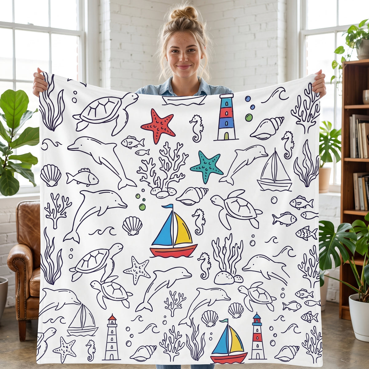 DIY coloring blanket, Marine Life design, held up in a living room