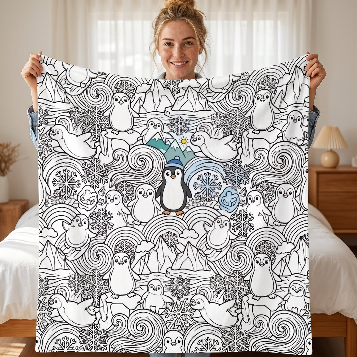 DIY coloring blanket, Penguins and Snowflakes design, held up in a living room