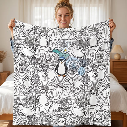 DIY coloring blanket, Penguins and Snowflakes design, held up in a living room