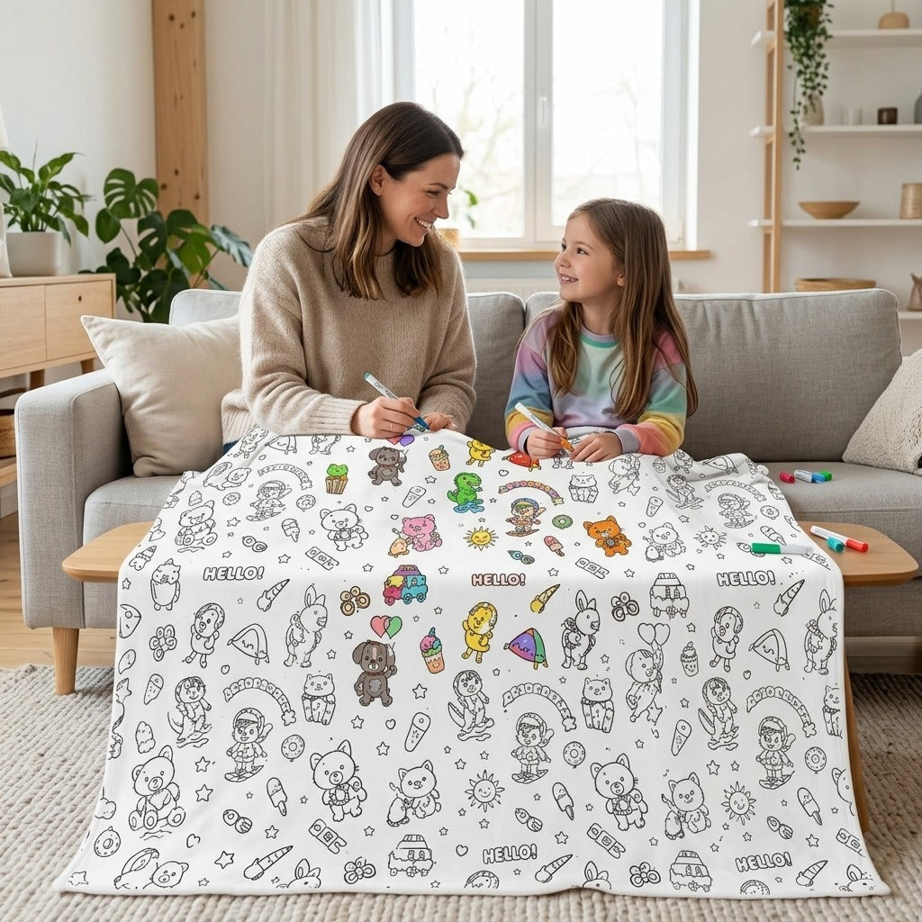 Mother and daughter coloring a DIY coloring blanket together on the sofa