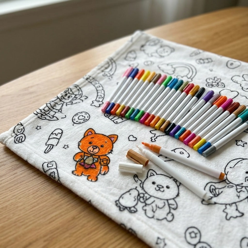 Set of 24 acrylic paint markers on a coloring blanket