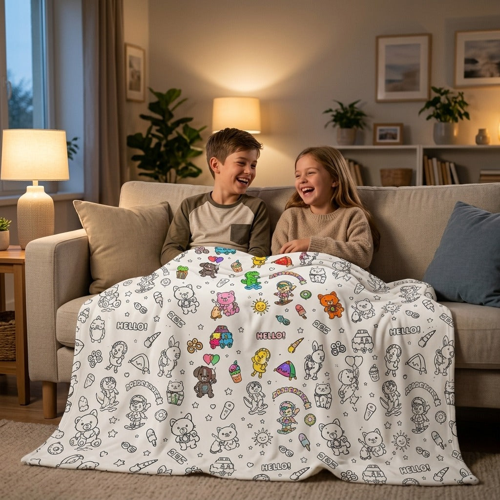 Two kids sitting together under a colored-in throw blanket on the sofa