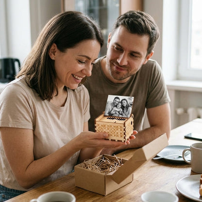 Woman lifting the wooden photo music box out of its gift box, a family photo inside the open lid, while her partner watches