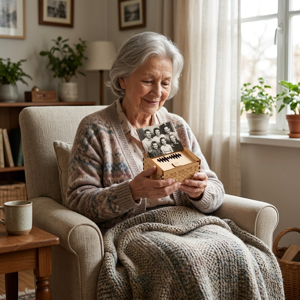 Grandmother in an armchair holding the open wooden photo music box and listening to it play