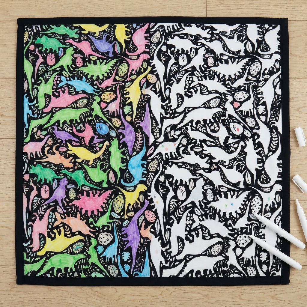 Dino Party coloring blanket half colored in, half plain, showing before and after