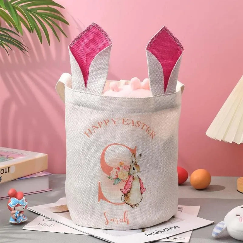 Personalized Cute Peter Rabbit Bunny Ears Bucket Bag with Initial and Name Easter Egg Hunt Basket Birthday Party Favors Gift for Kids