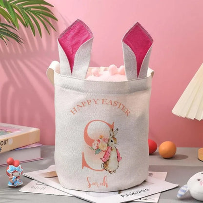 Personalized Cute Peter Rabbit Bunny Ears Bucket Bag with Initial and Name Easter Egg Hunt Basket Birthday Party Favors Gift for Kids