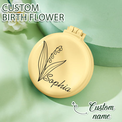 Personalized Foldable Mirror with Hair Brushes Mini Birth Flower Cushion Mirror Comb Gift for Her