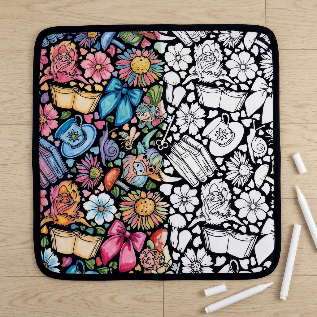 Enchanted Storybook coloring blanket half colored in, half plain, showing before and after