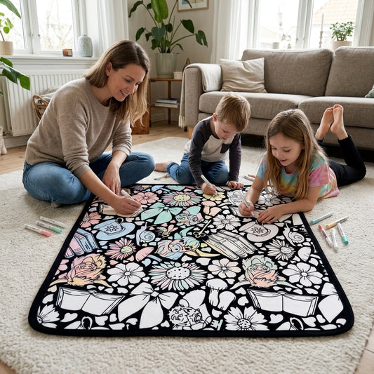 Mother, daughter and son coloring the Enchanted Storybook coloring blanket together on the living room floor