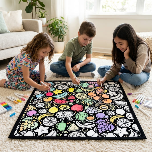 Three siblings coloring the Fruit Fiesta coloring blanket together on the living room floor