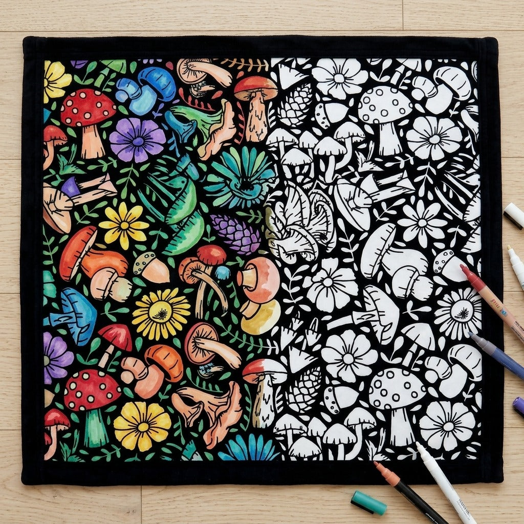 Mushroom Garden coloring blanket half colored in, half plain white