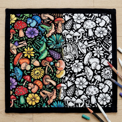Mushroom Garden coloring blanket half colored in, half plain white