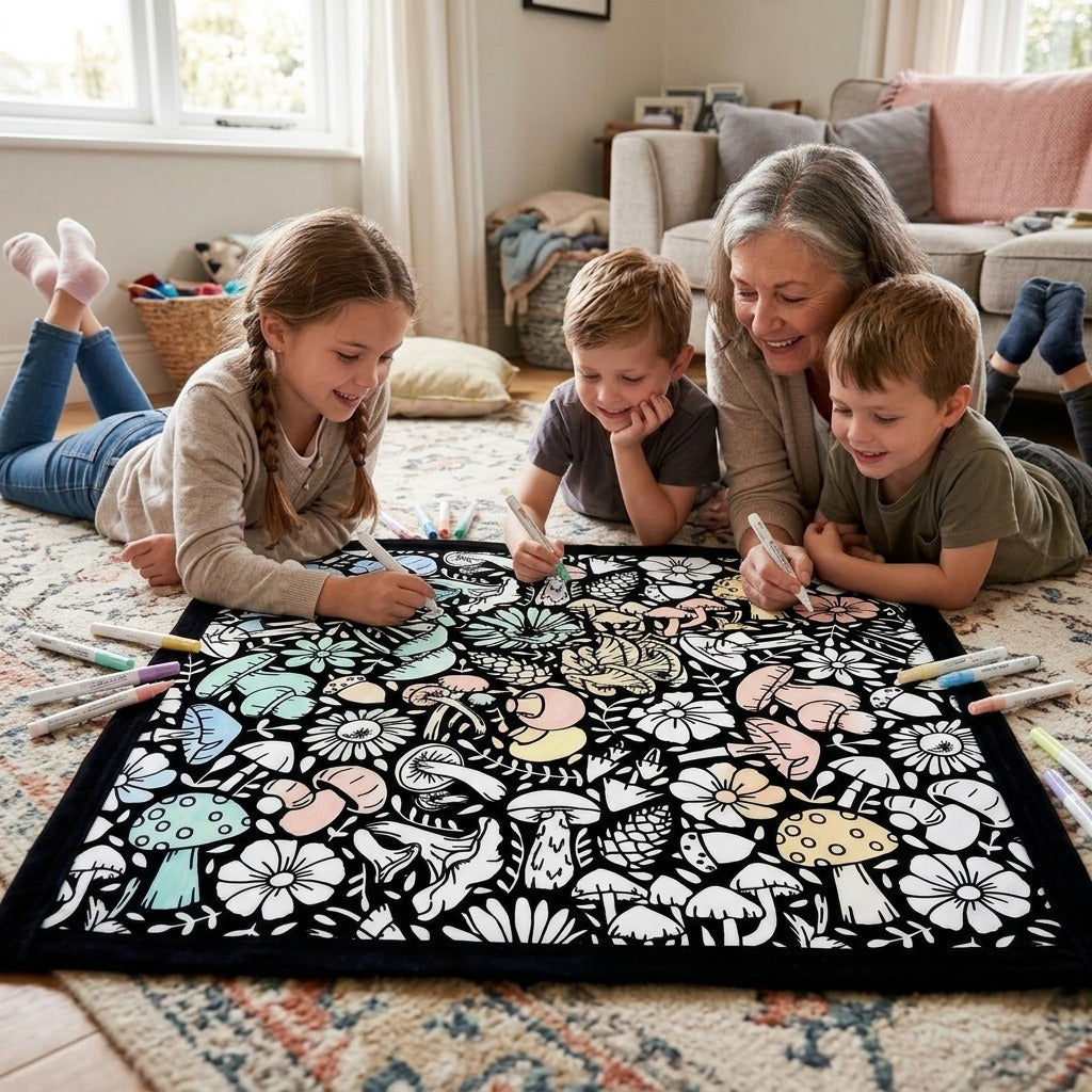 Grandmother and grandchildren lying on the floor coloring the Mushroom Garden coloring blanket together