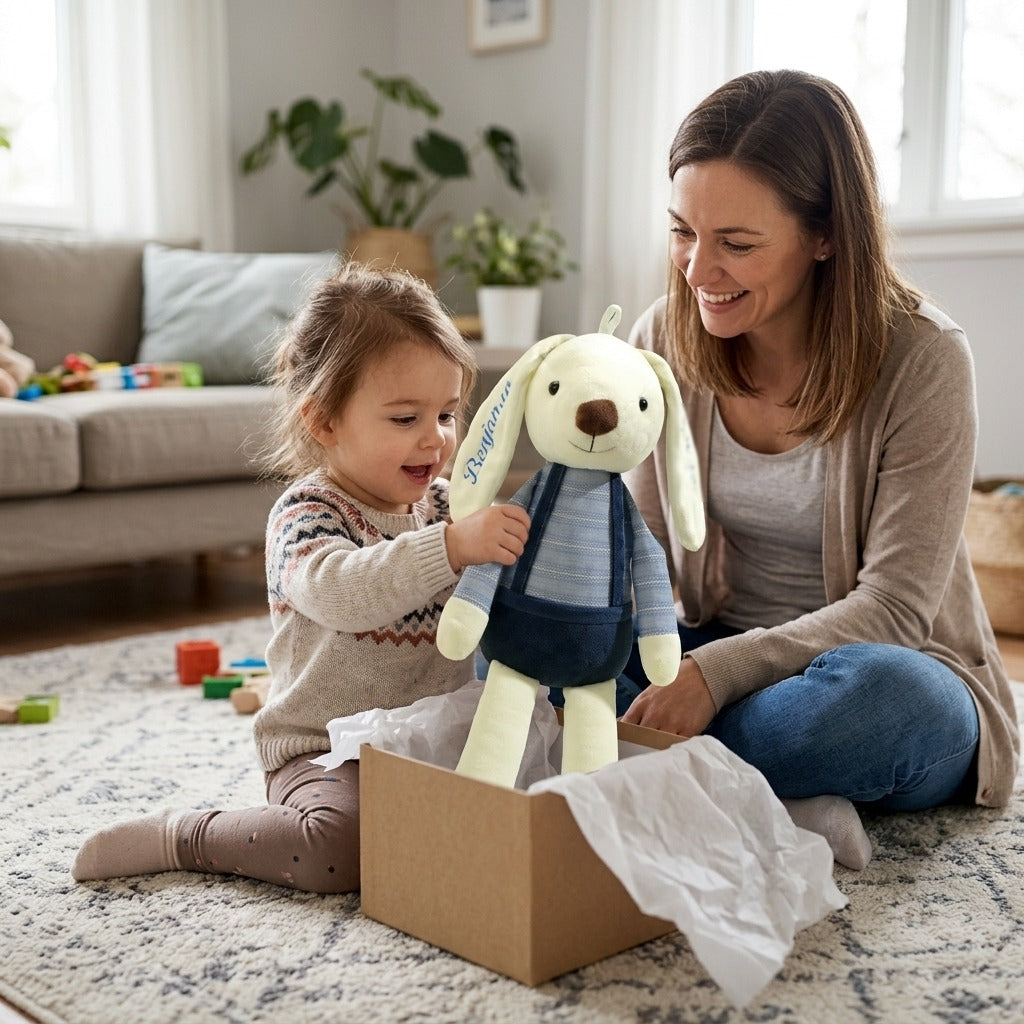 Toddler lifting the personalized bunny plush with an embroidered name out of a gift box while her mother smiles