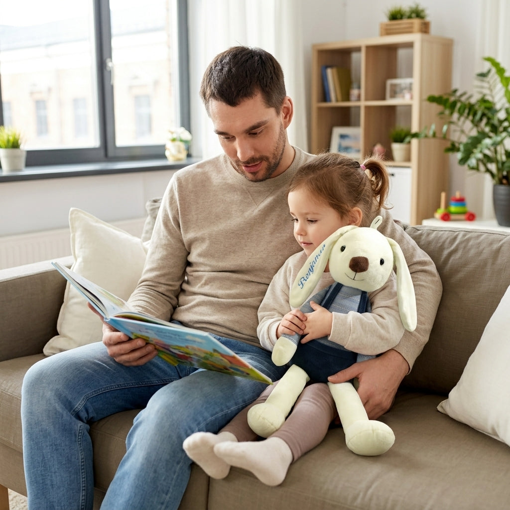 Father reading a picture book on the sofa while his daughter hugs her personalized name bunny plush