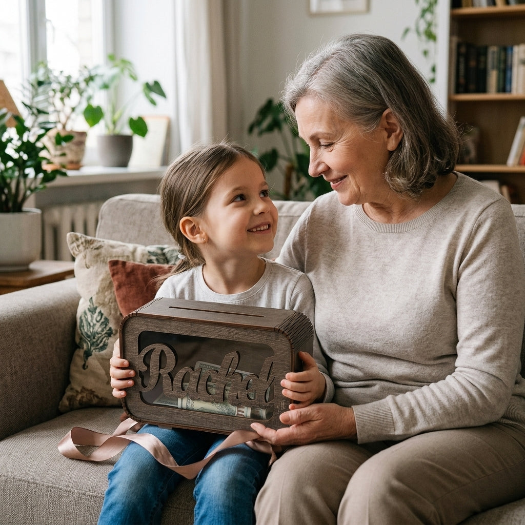 Grandmother giving her granddaughter the personalized wooden money bank with a ribbon and a few bills inside