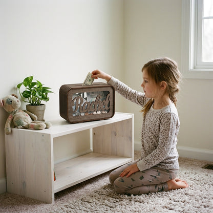 Girl sliding a bill into the top slot of her personalized wooden money bank on a bedroom shelf