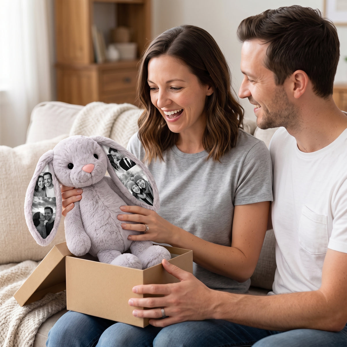 Woman unboxing a personalized photo bunny as a gift, her partner beside her