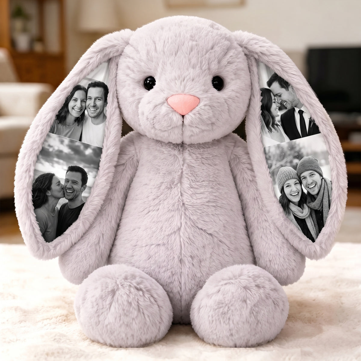 Grey photo bunny plush with four couple photos printed inside its ears