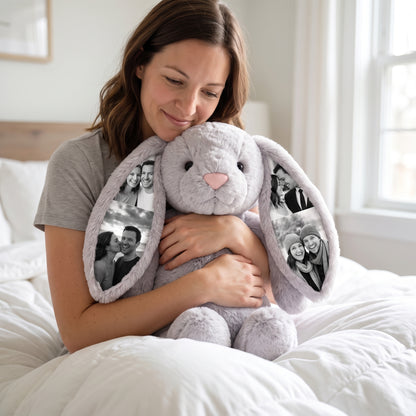 Woman hugging the photo bunny with their couple photos inside its ears