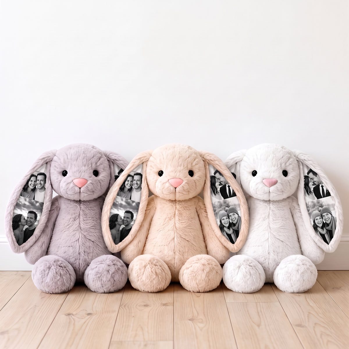 Photo bunny plush in grey, cream and white