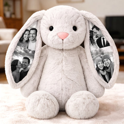 White photo bunny plush with couple photos inside its ears