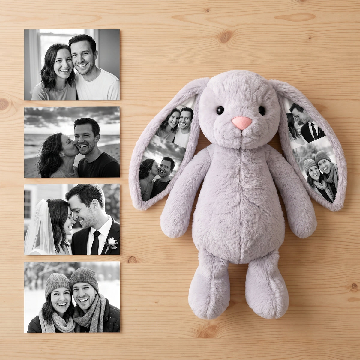 Four printed photos next to the photo bunny showing the same photos inside its ears