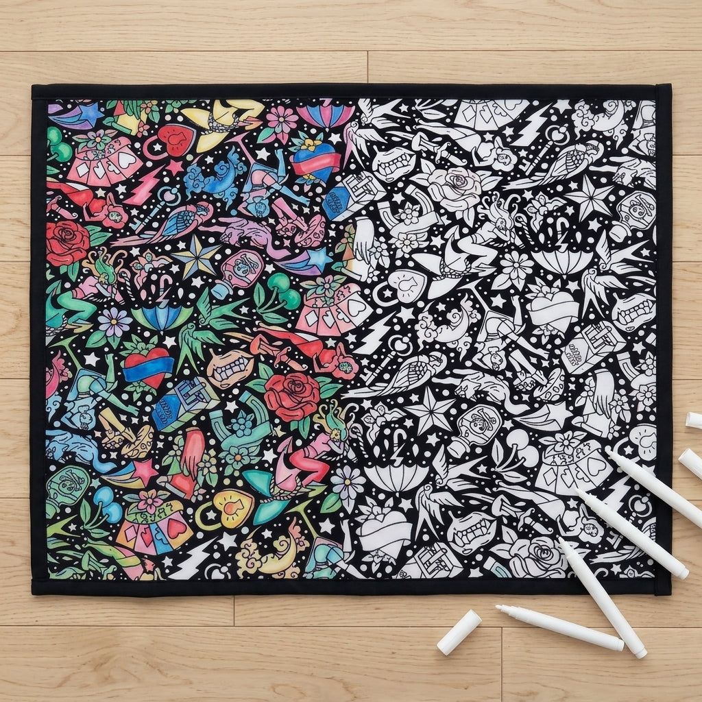 Retro Tattoo coloring blanket half colored in, half plain, showing before and after