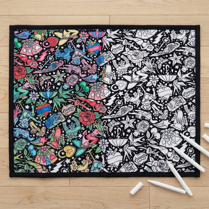 Retro Tattoo coloring blanket half colored in, half plain, showing before and after