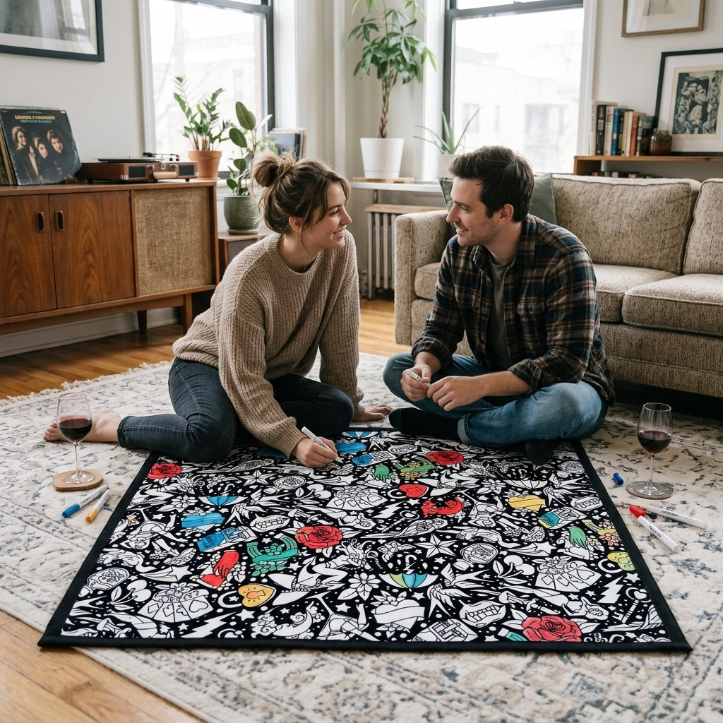 Couple coloring the Retro Tattoo coloring blanket together on the living room rug