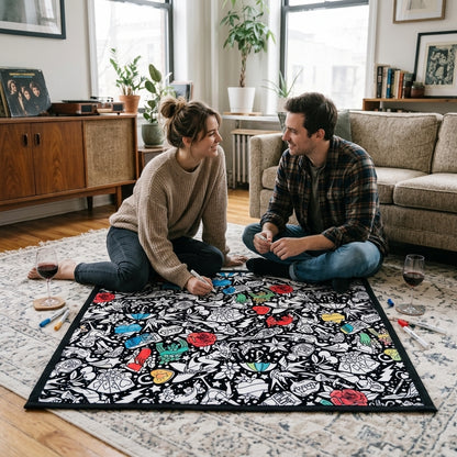 Couple coloring the Retro Tattoo coloring blanket together on the living room rug