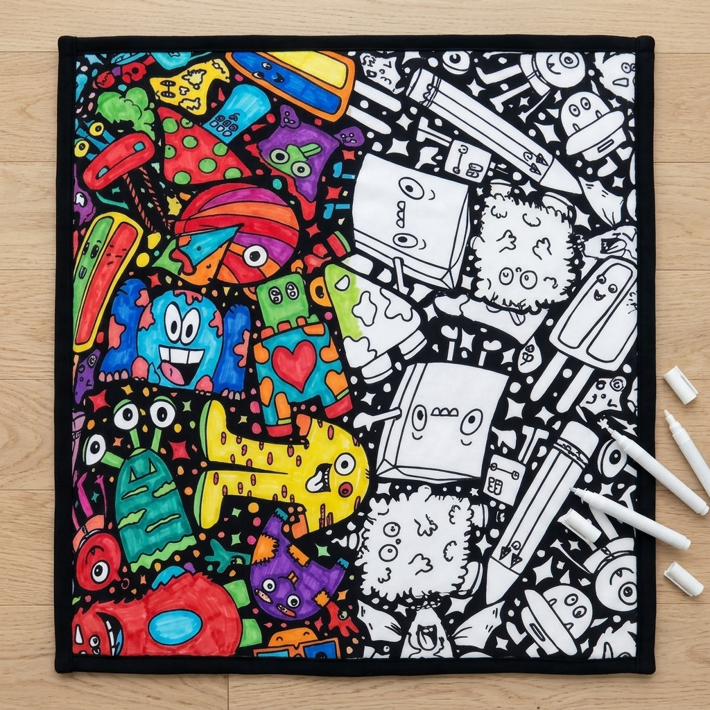 Silly Monsters coloring blanket half colored in, half plain, showing before and after