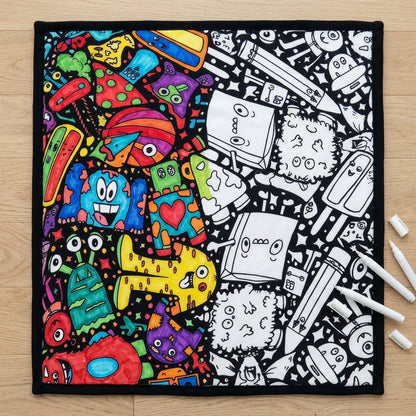 Silly Monsters coloring blanket half colored in, half plain, showing before and after