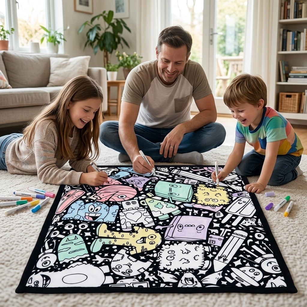 Father and two kids coloring the Silly Monsters coloring blanket together on the living room floor