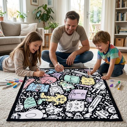 Father and two kids coloring the Silly Monsters coloring blanket together on the living room floor