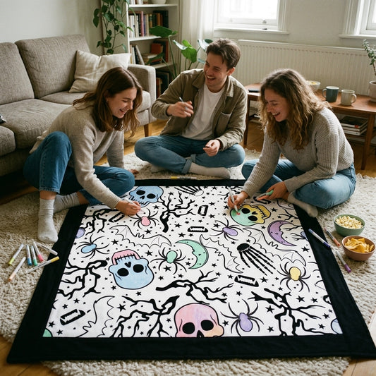 Three adult friends coloring the Skulls & Bats coloring blanket together on the living room rug