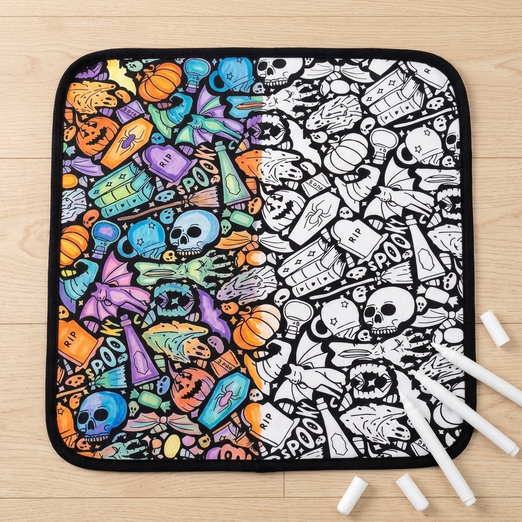 Spooky Halloween coloring blanket half colored in, half plain, showing before and after