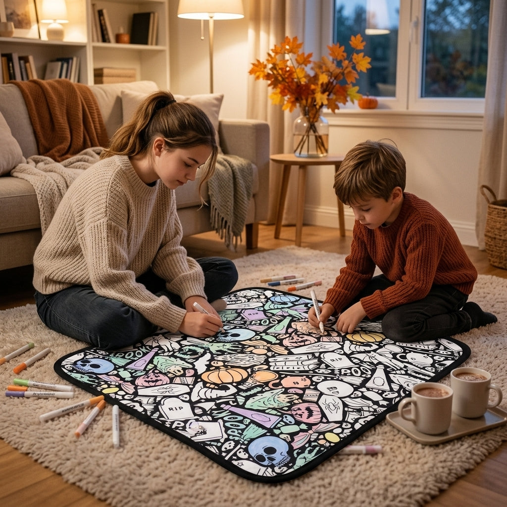 Teen sister and younger brother coloring the Spooky Halloween coloring blanket on a cozy fall evening