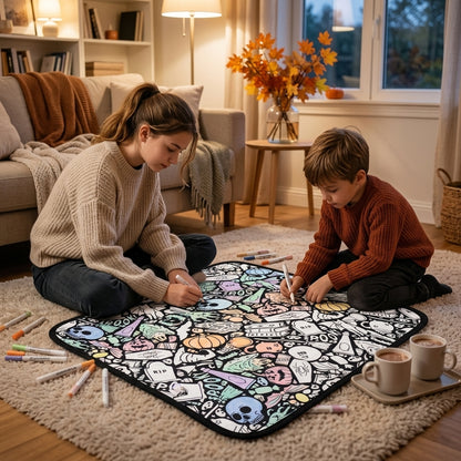 Teen sister and younger brother coloring the Spooky Halloween coloring blanket on a cozy fall evening